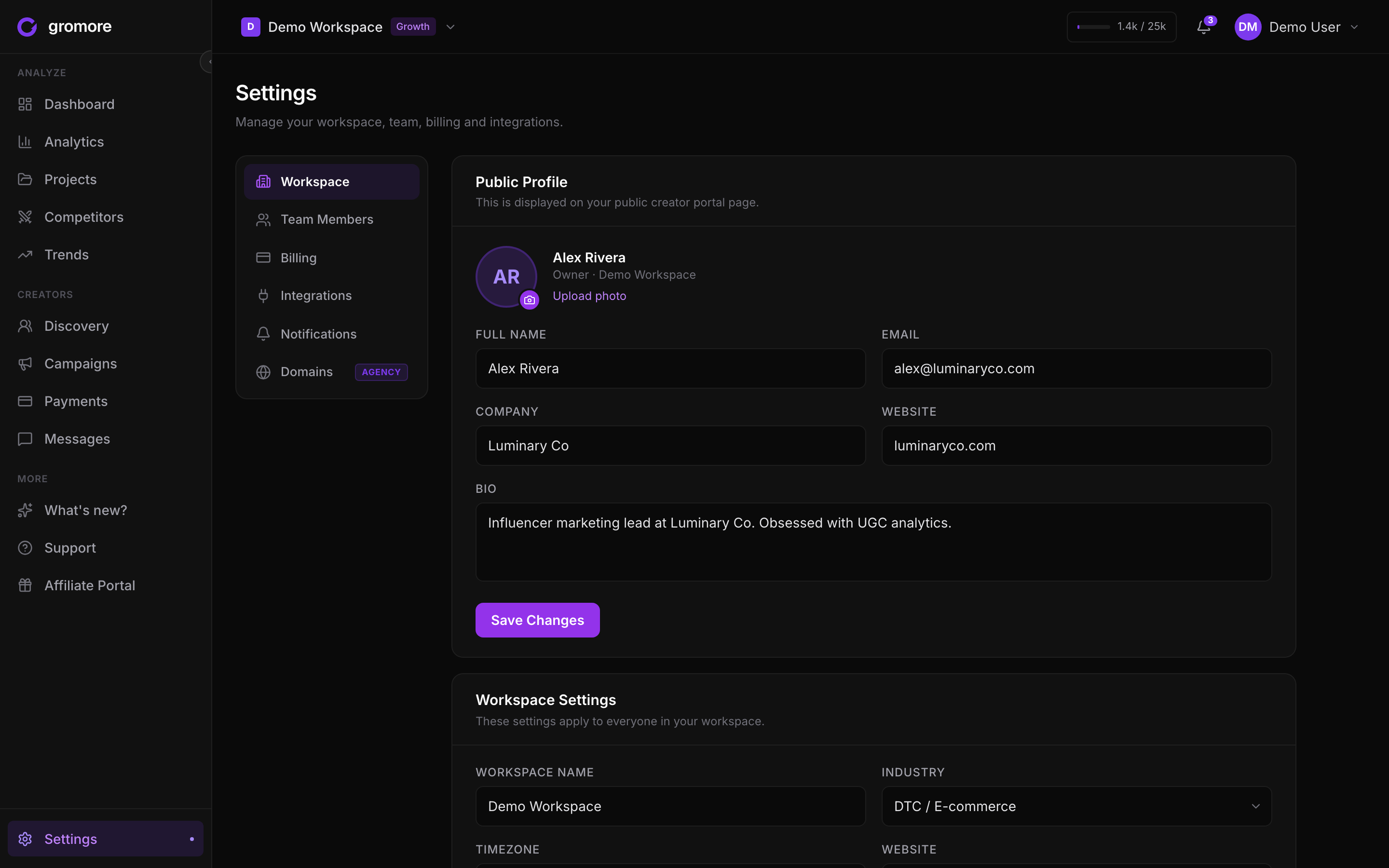 Gromore Settings with the workspace profile and the Workspace/Team/Billing tabs